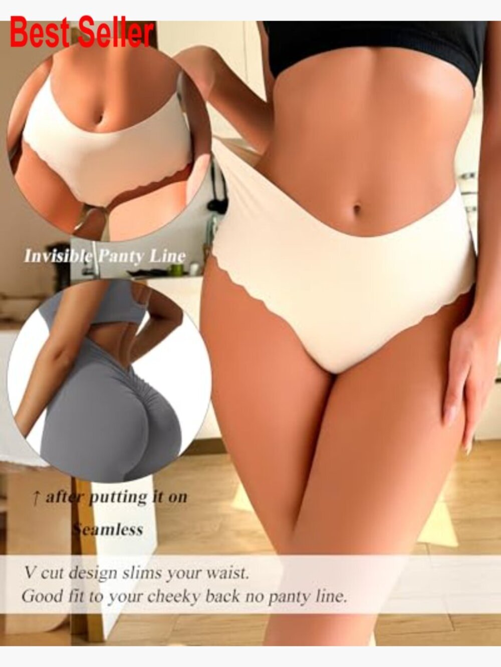 High Waisted Seamless Underwear No Show Panties Cheeky Scalloped Edge Bikini - Picture 2 of 7